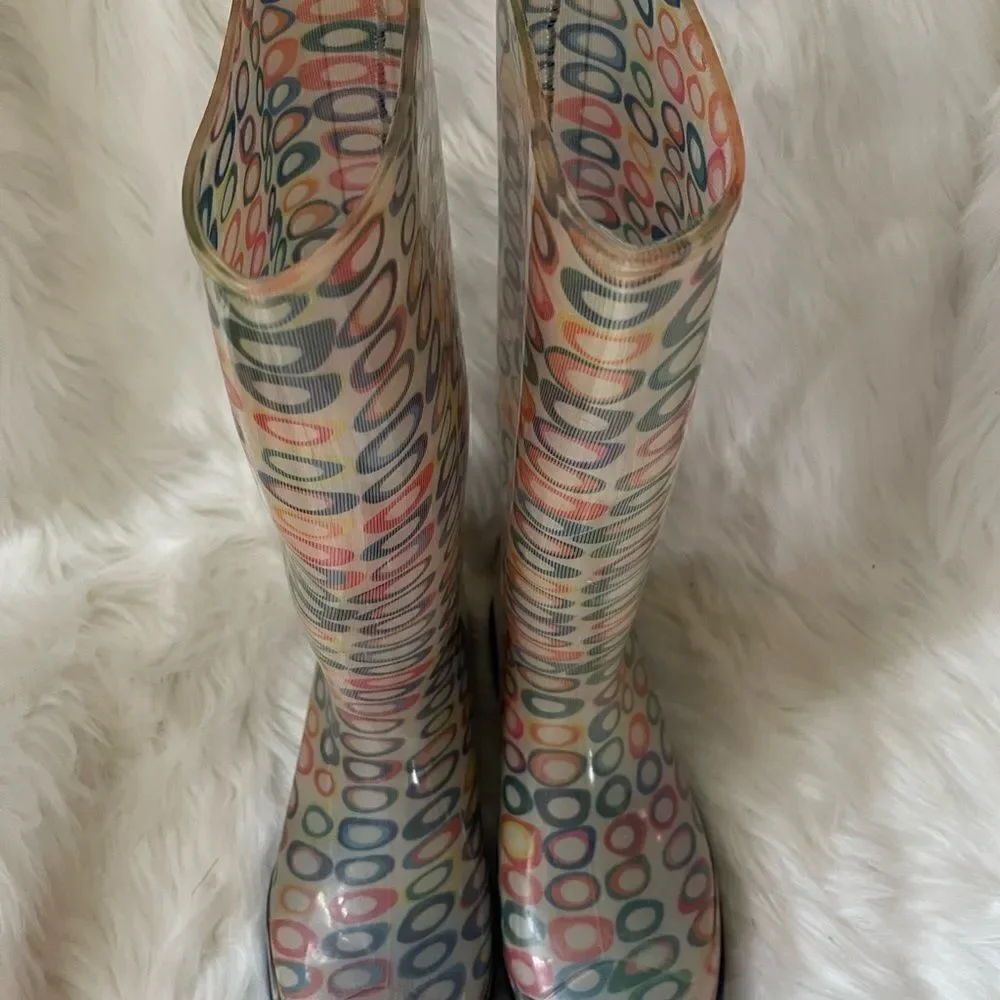 Inner Soul multi color Rubber rain boots with indigo blue soles size11